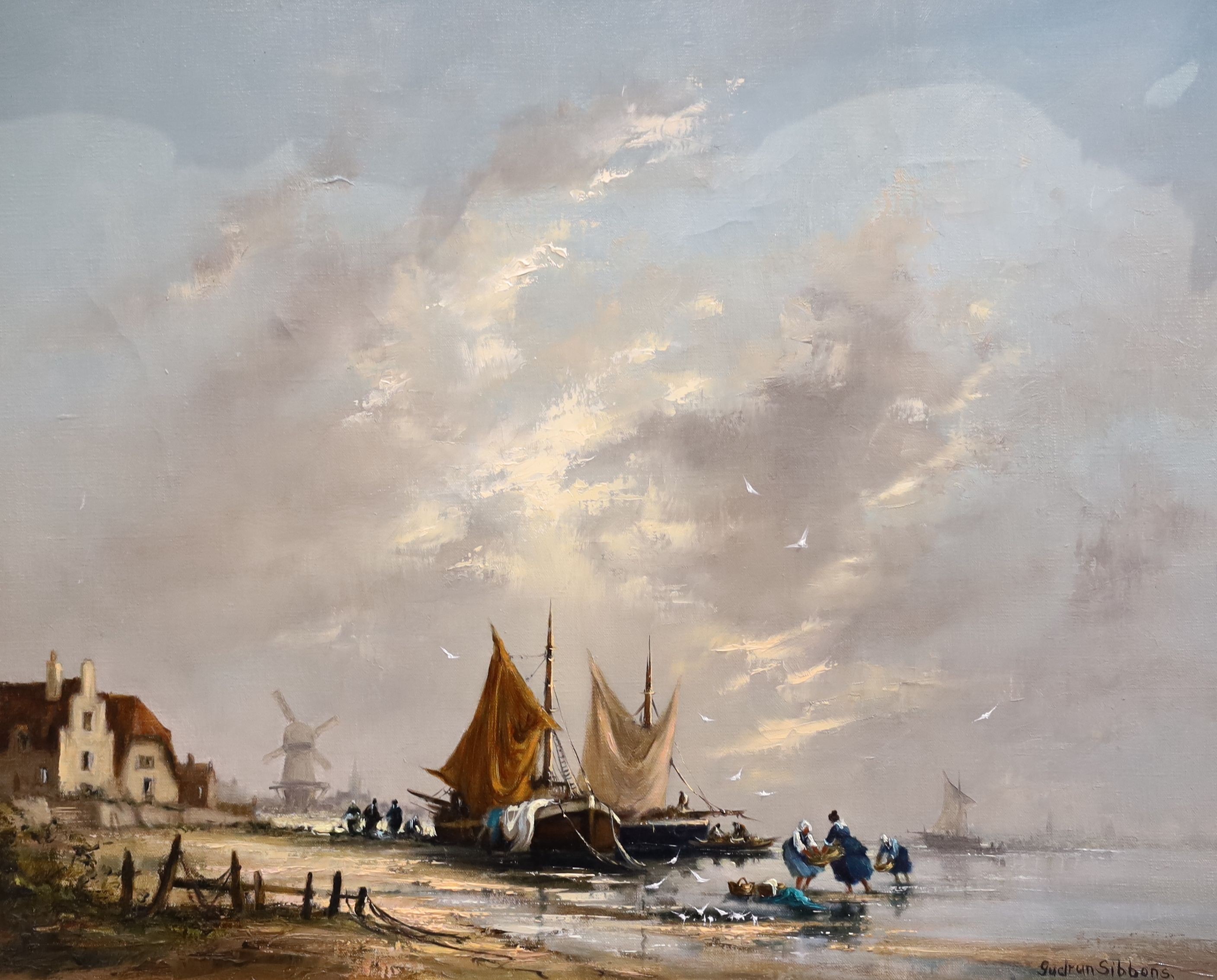 Gudrun Sibbons (b.1925), Fishing boats along the coast, three oils, 40 x 50cm and 30 x 40cm